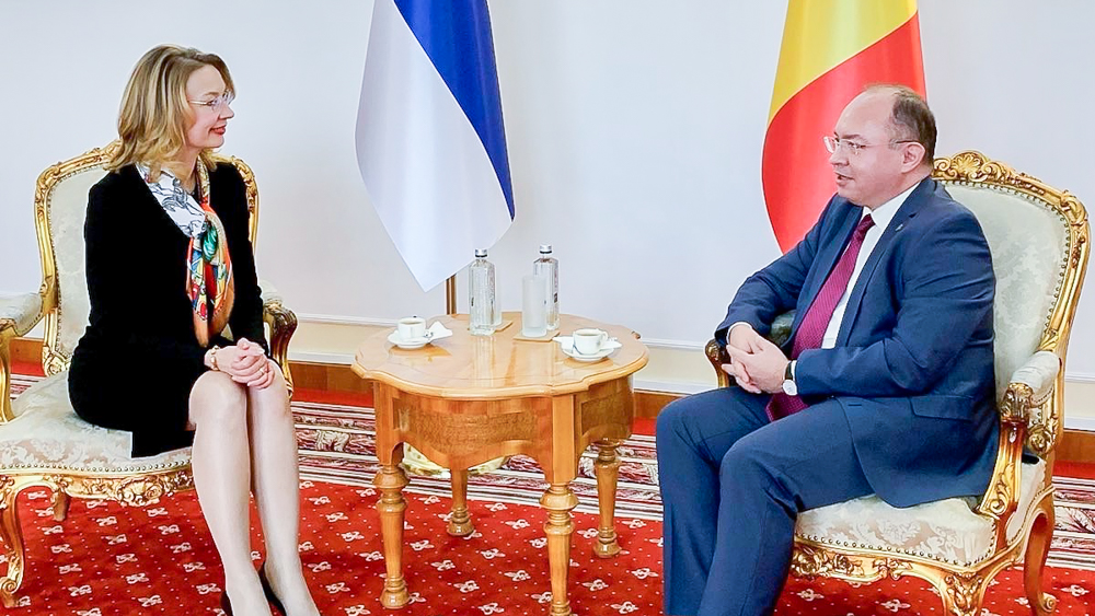 Minister Tuppurainen och Romäniens utrikesminister Bogdan Aurescu diskuterara på mötet