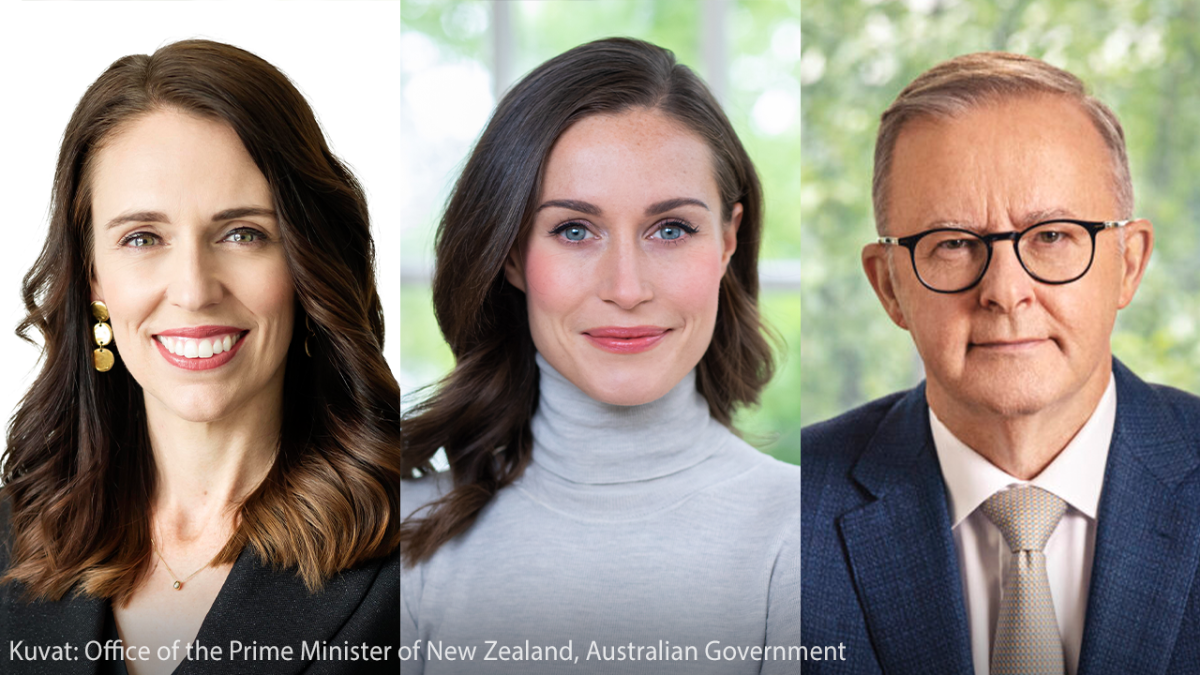 Kaverikuva, jossa on pääministeri Marin, Uuden-Seelannin pääministerin Jacinda Ardern ja Australian pääministeri Anthony Albanese