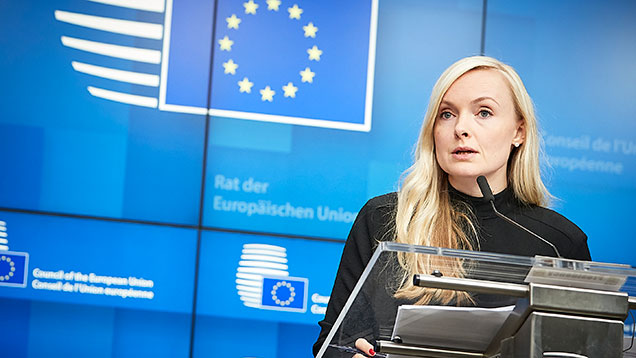 Maria Ohisalo in an EU press conference.